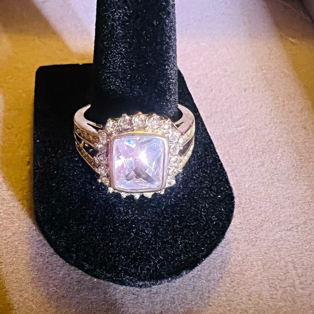 Silver Tone Square White Simulated CZ Halo Cocktail Ring Metal Size 9.5